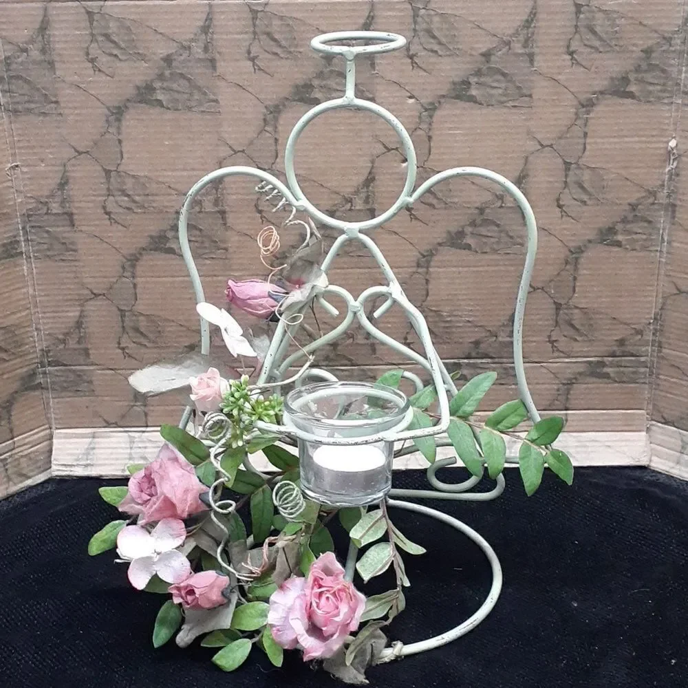 Verde Green Iron angel‎ with trailing pink roses
